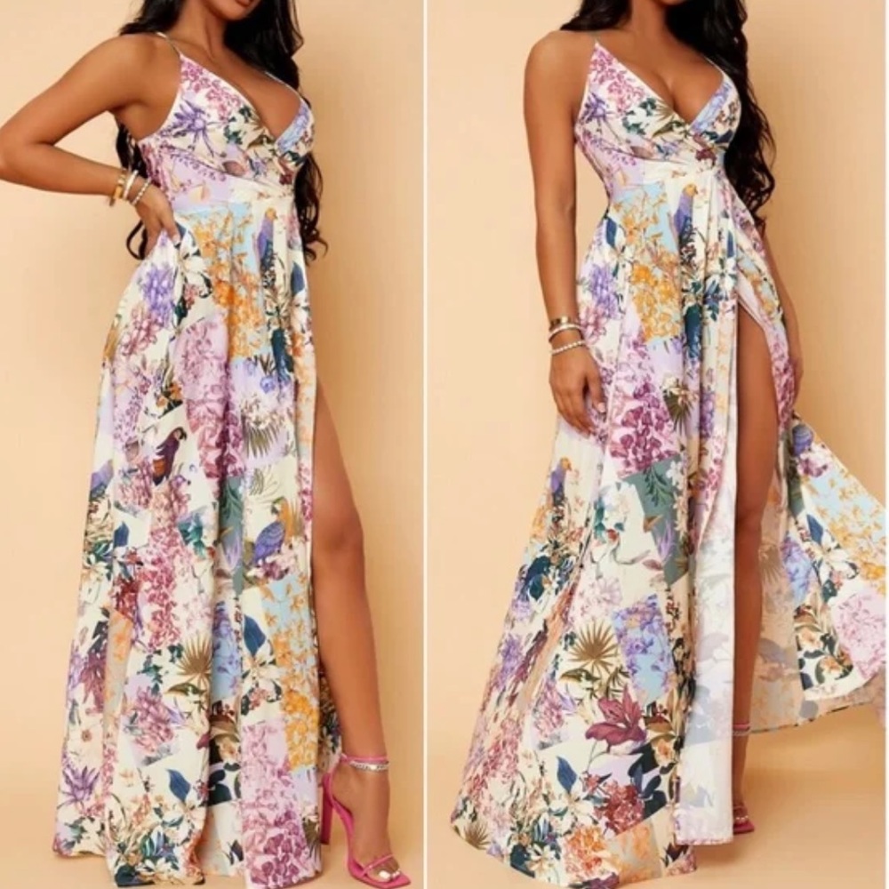 Boho Floral Print Criss Cross Back Maxi Wedding Party Dress - Picture 2 of 5